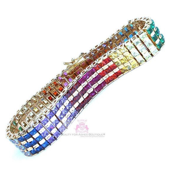Multicolor Rainbow Yellow Gold Plated Gods Promise Triple Row Gala Bracelet 7.5" - Picture 1 of 8